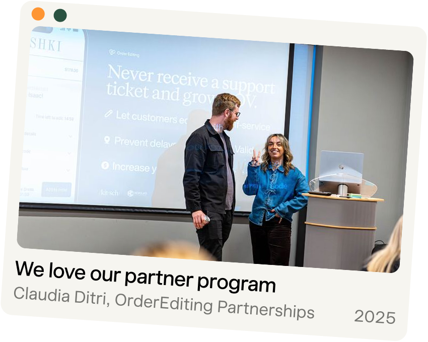 Integration workflow diagram showing Order Editing connecting to Klaviyo, warehouse, and fraud prevention apps