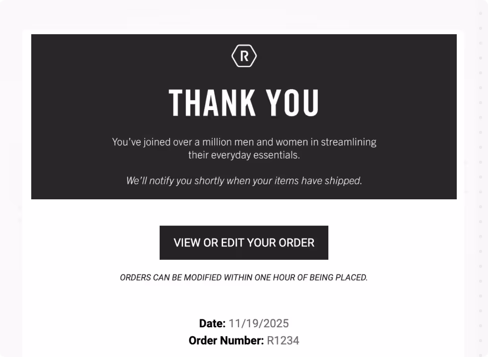 Screenshot of Ridge's order confirmation email