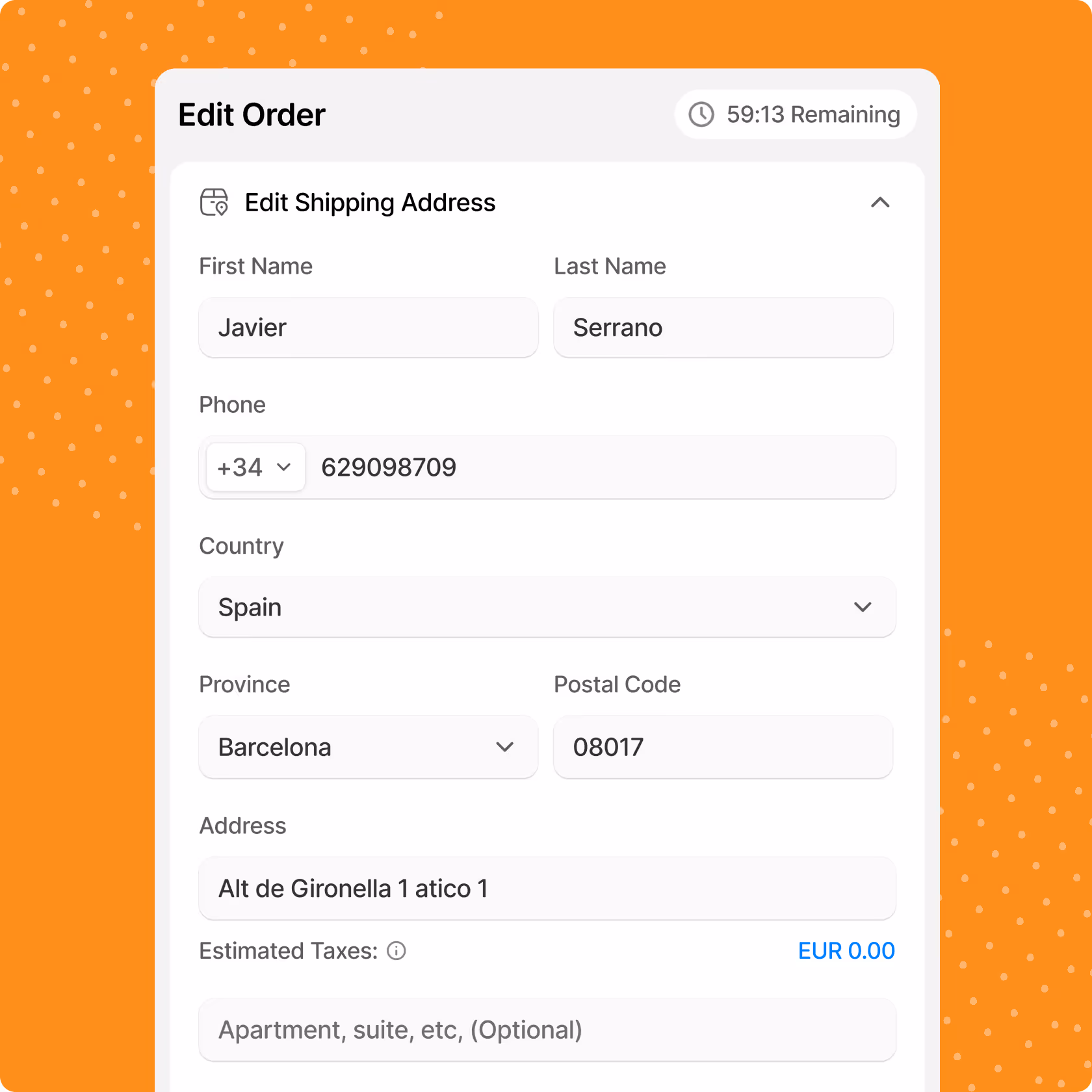 a screenshot of putting your address in an order