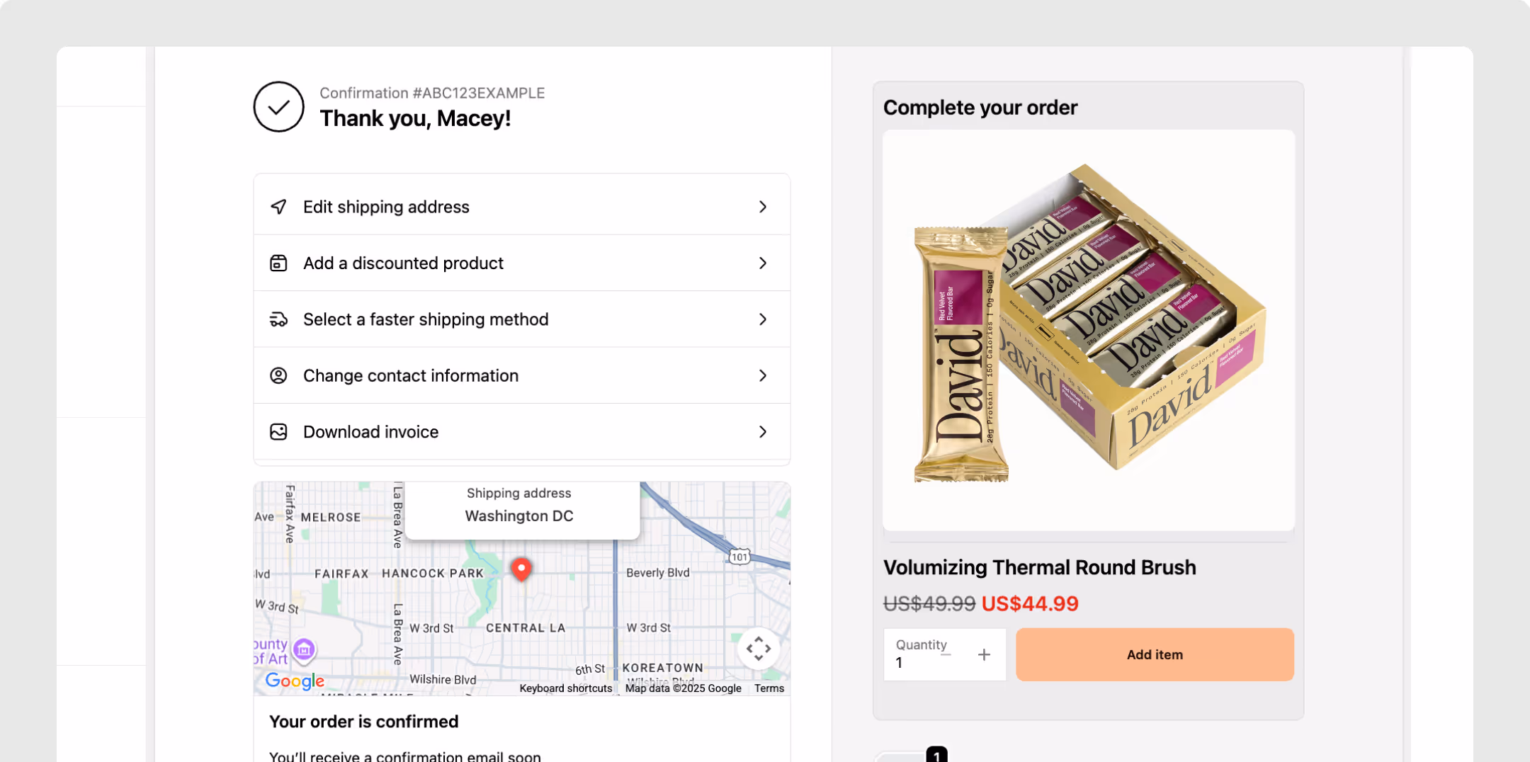 Screenshot showing let customers add products from the thank you page.
